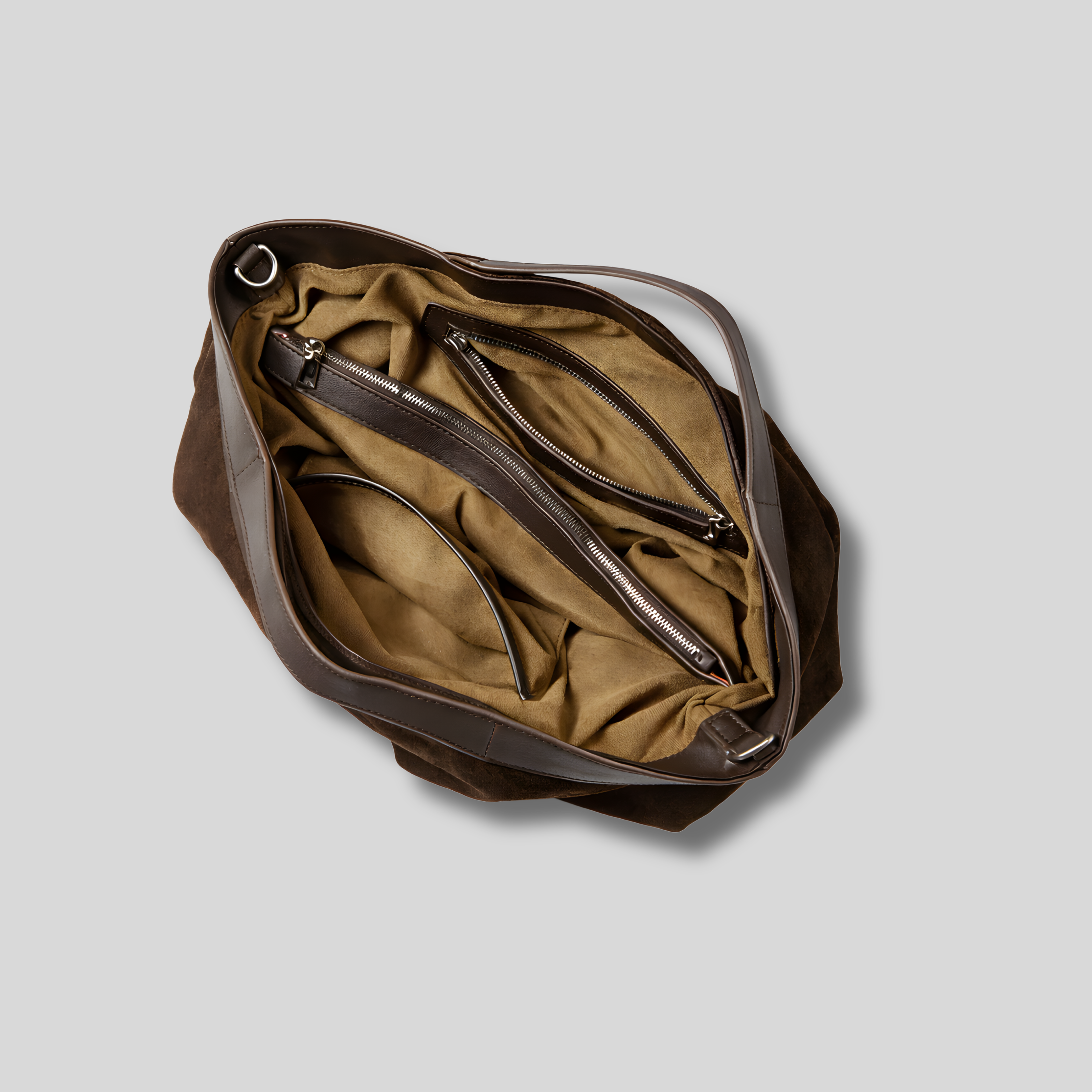 Intérieur du Sac Cabas Auréline en daim – compartiments et poche zippée