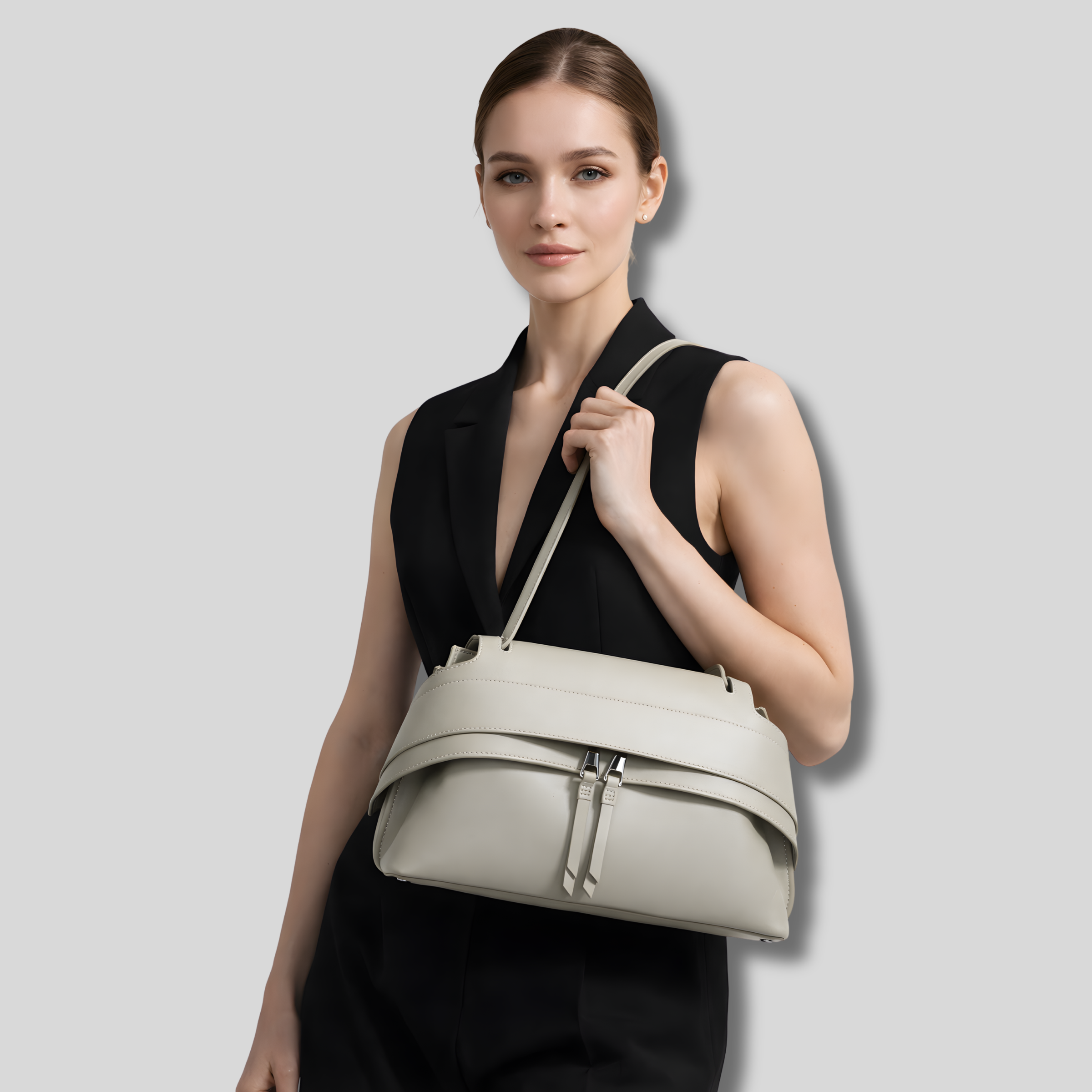 Femme portant un sac bandoulière beige élégant à l’épaule – style moderne