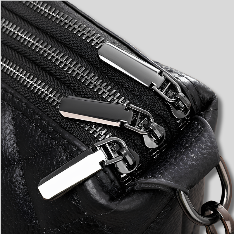 Détail des fermetures zippées métalliques du sac matelassé en cuir noir