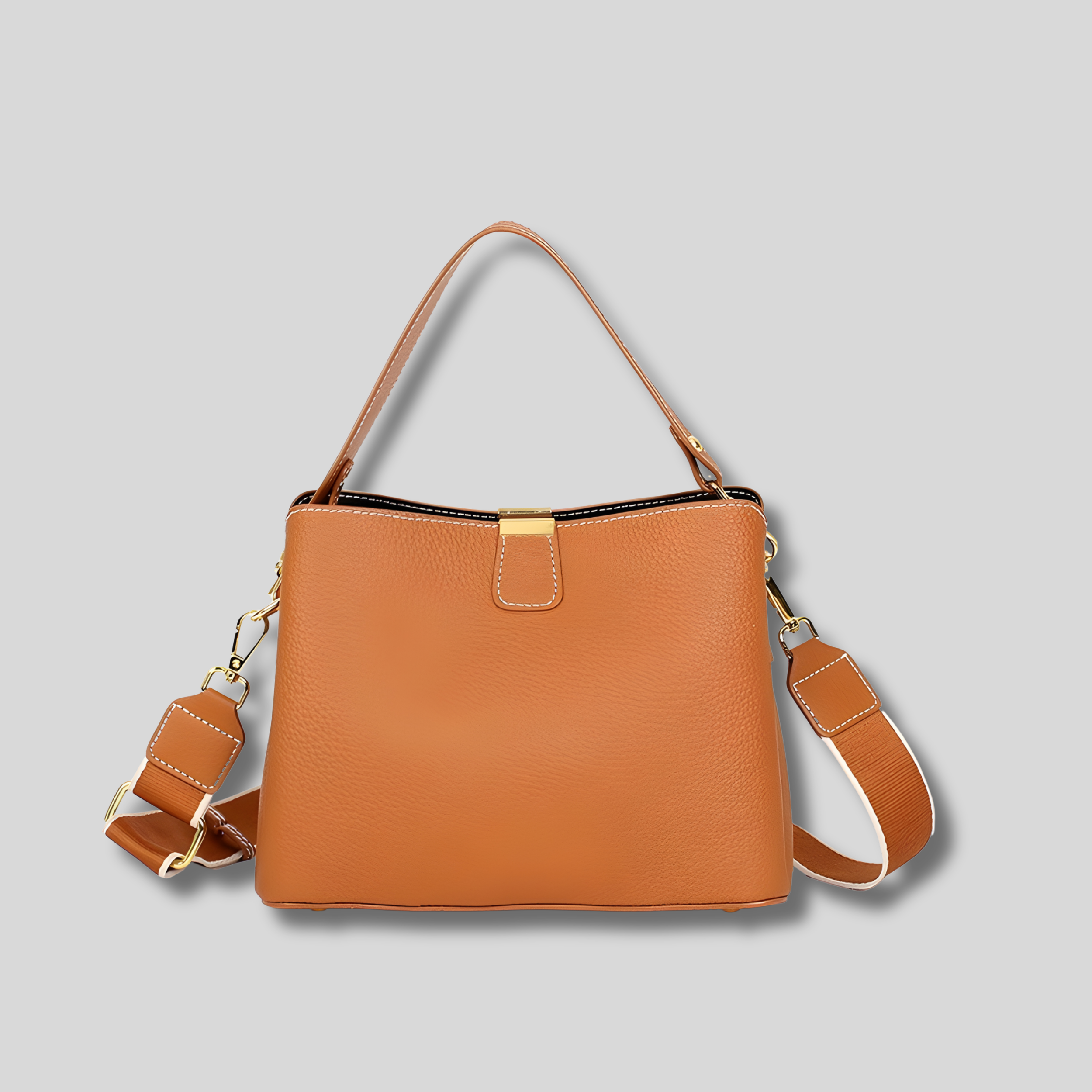 Sac Bandoulière Cuir Orélia camel en cuir grainé avec finitions dorées et anse épaule élégante