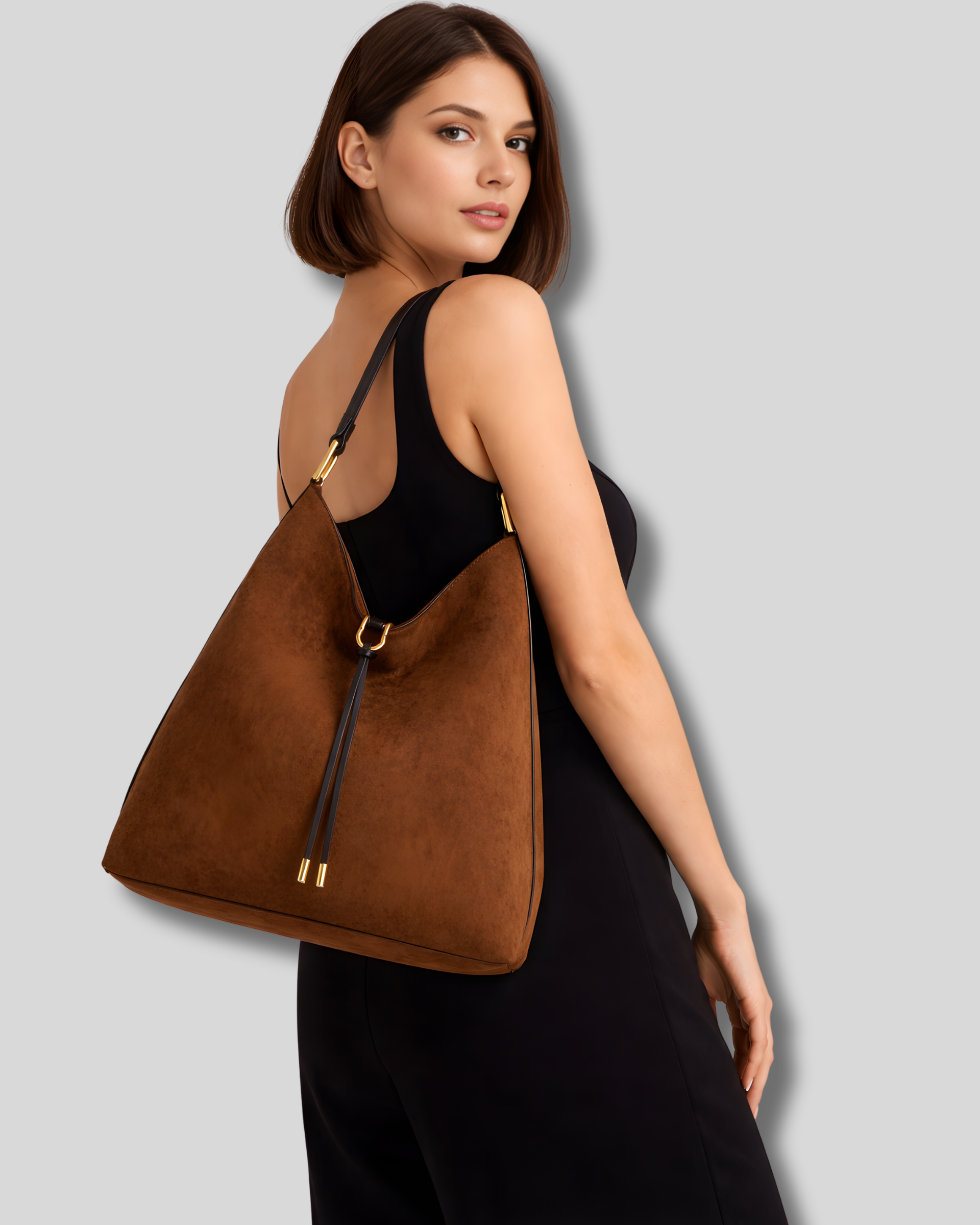 Femme portant le sac cabas suédé marron à l’épaule look raffiné