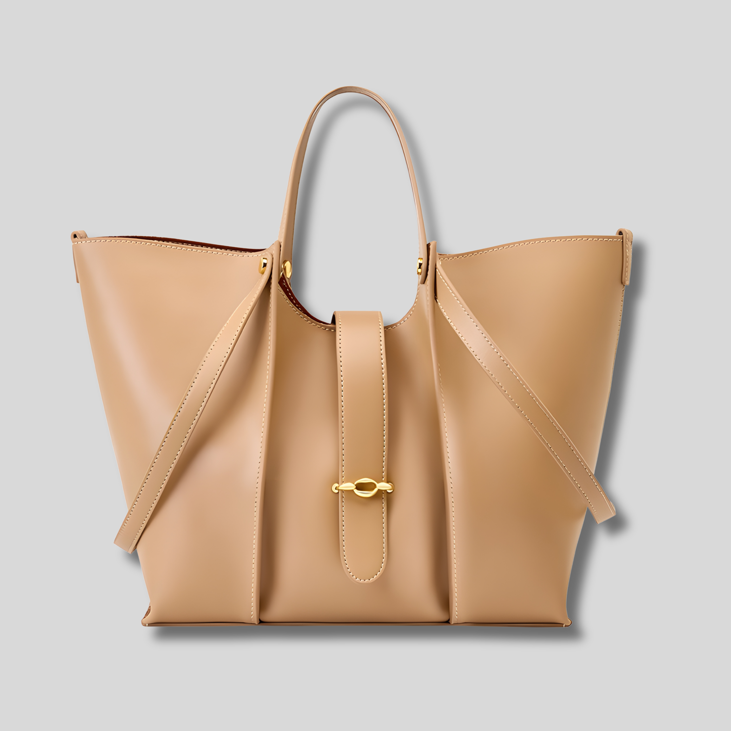 Grand sac à main couleur abricot pour femme au style minimaliste, présenté seul