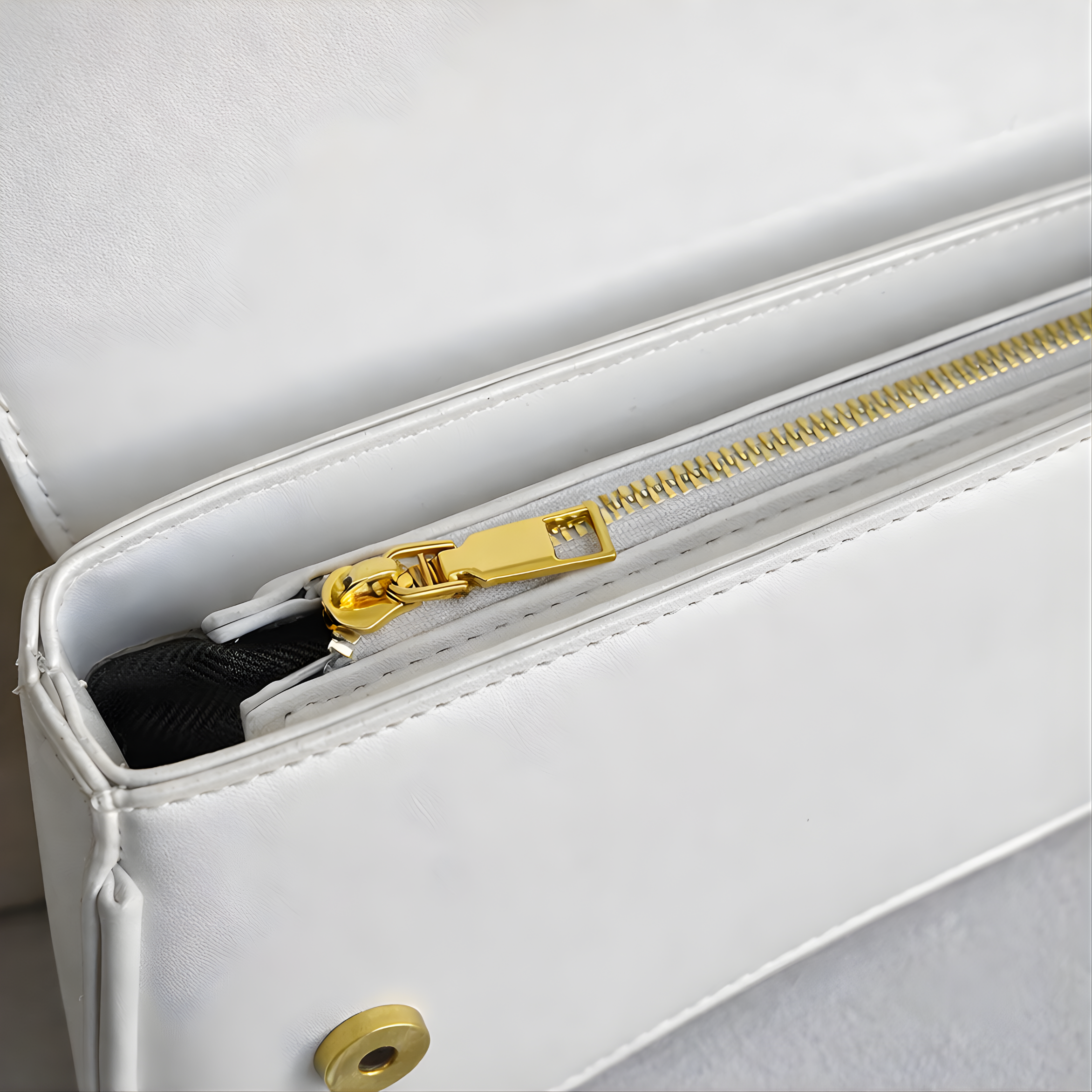Détail de la fermeture éclair dorée du sac Soléna