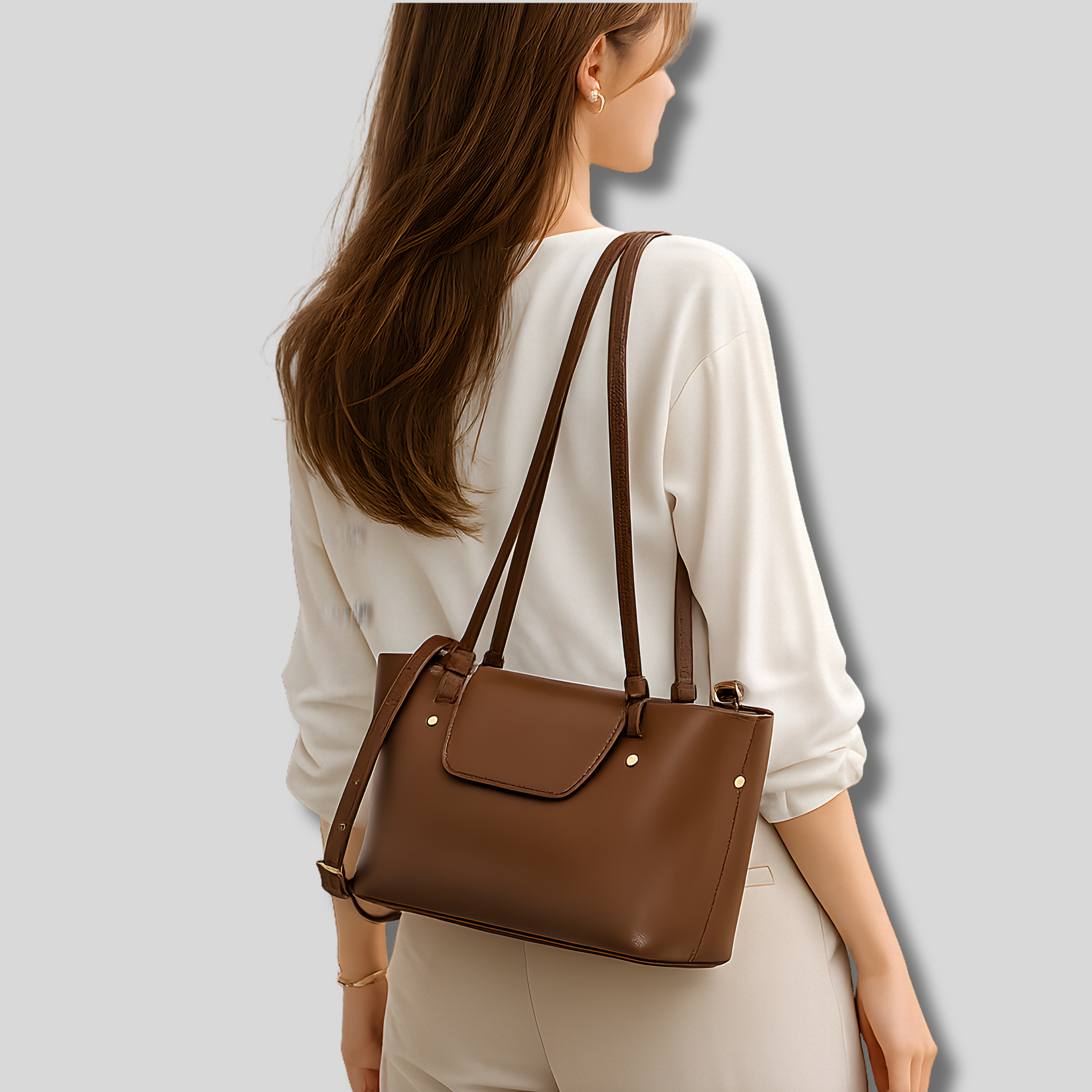 Sac Épaule Maëvora porté à l’épaule par une femme, cuir marron élégant