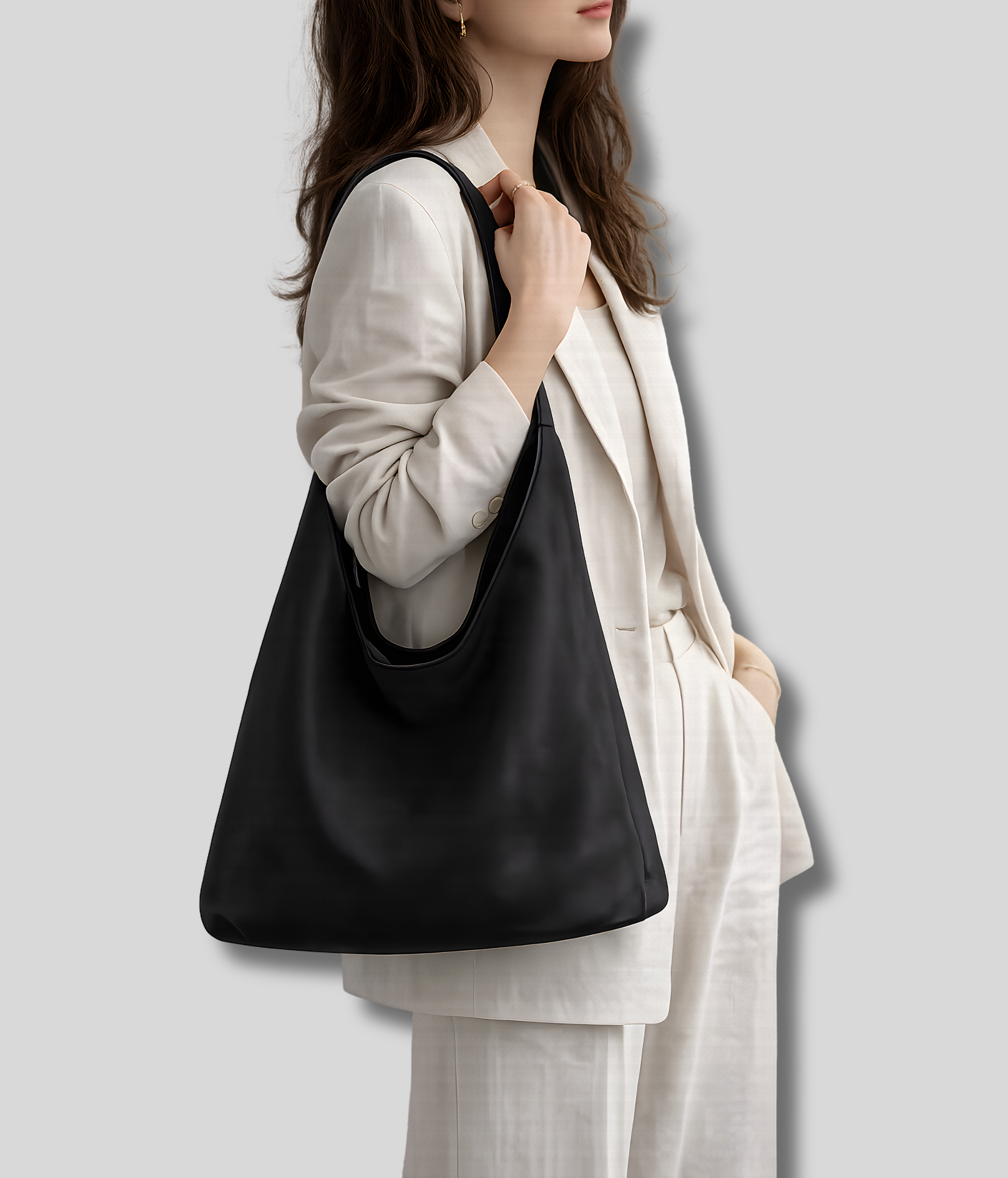 Sac cabas noir porté par une femme tenue minimaliste