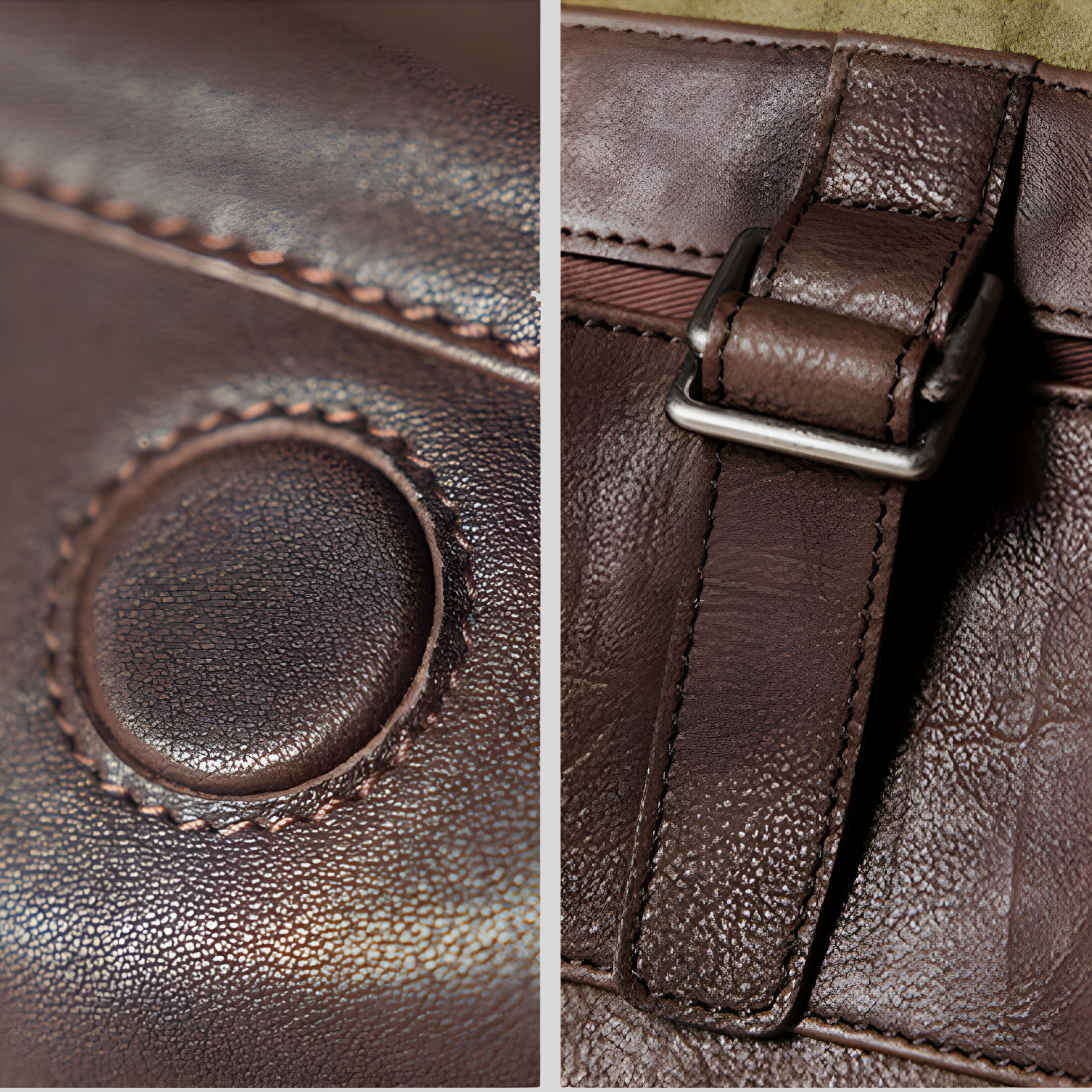 Détail du cuir texturé, des coutures et de la boucle métallique du sac cabas
