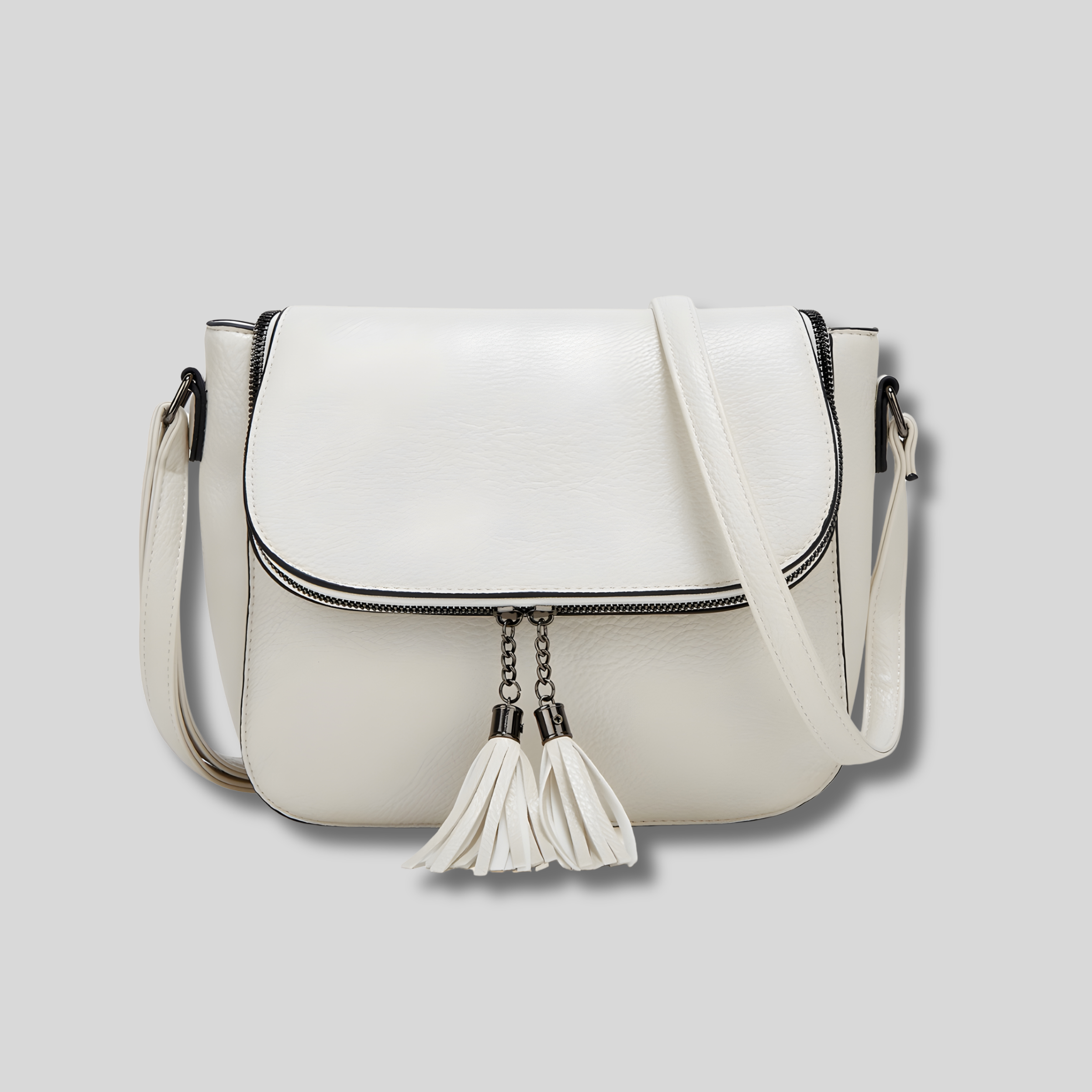 sac bandoulière blanc avec pampilles vue de face