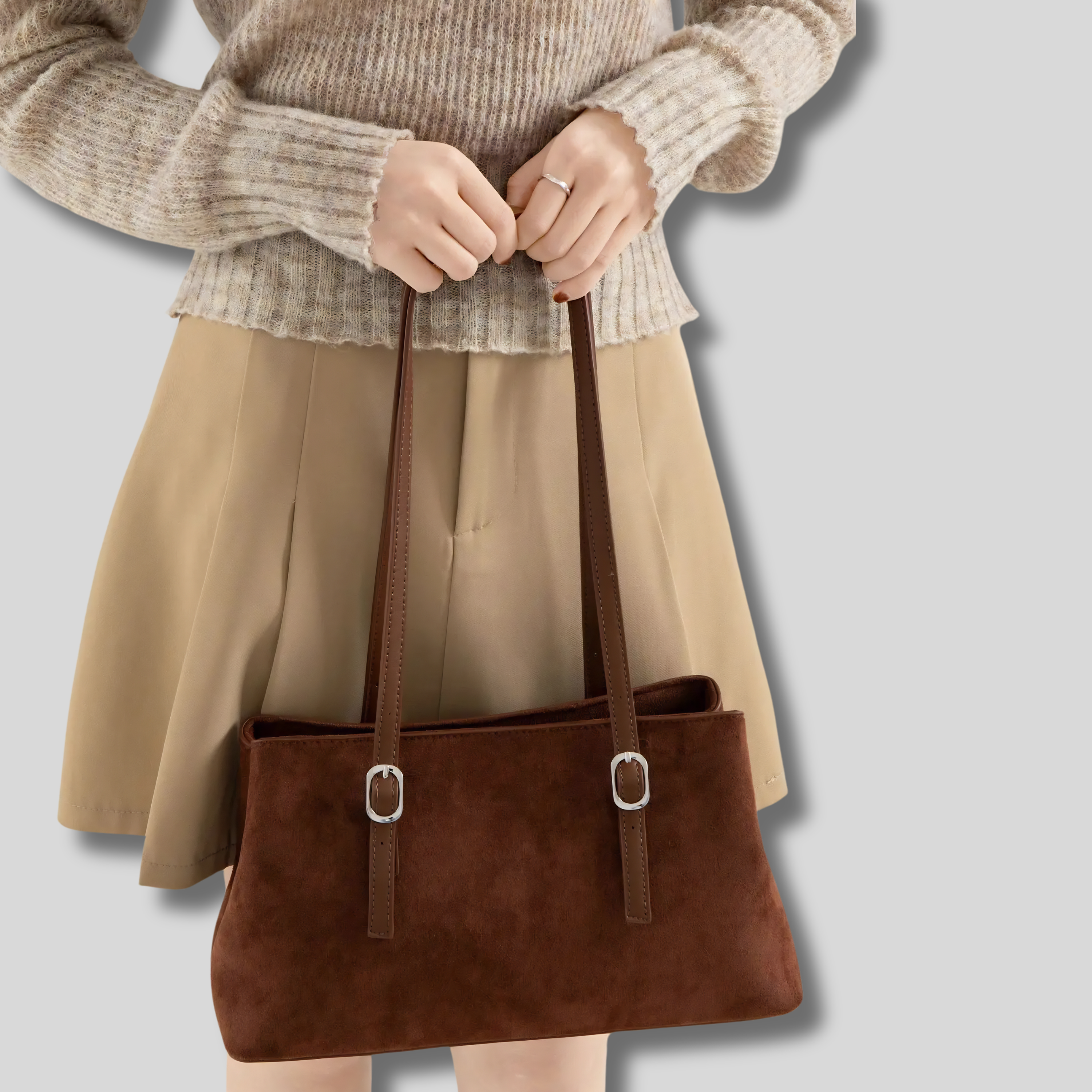 Sac Épaule Liorane brun vu de face en effet suédine.
