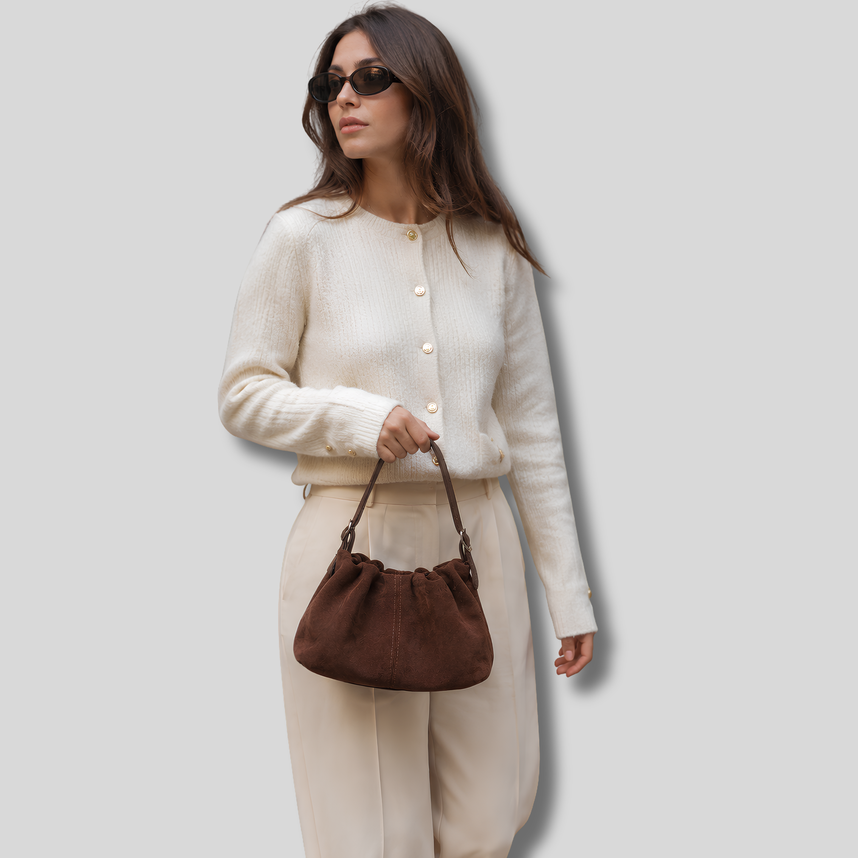 Modèle portant le Sac Épaule Suvéra marron à la main