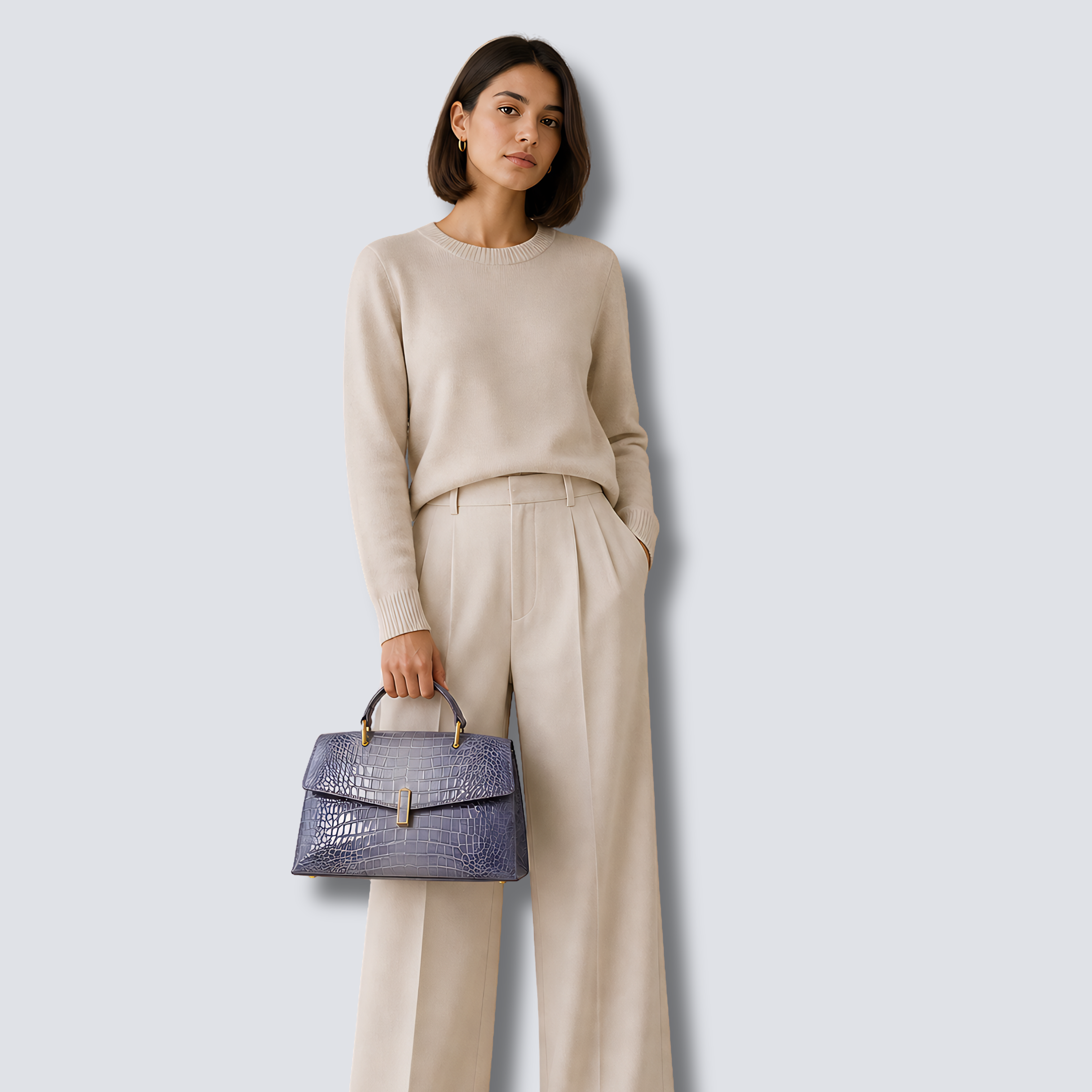 Femme tenant le Sac Bandoulière Élysane bleu à la main avec style chic minimaliste