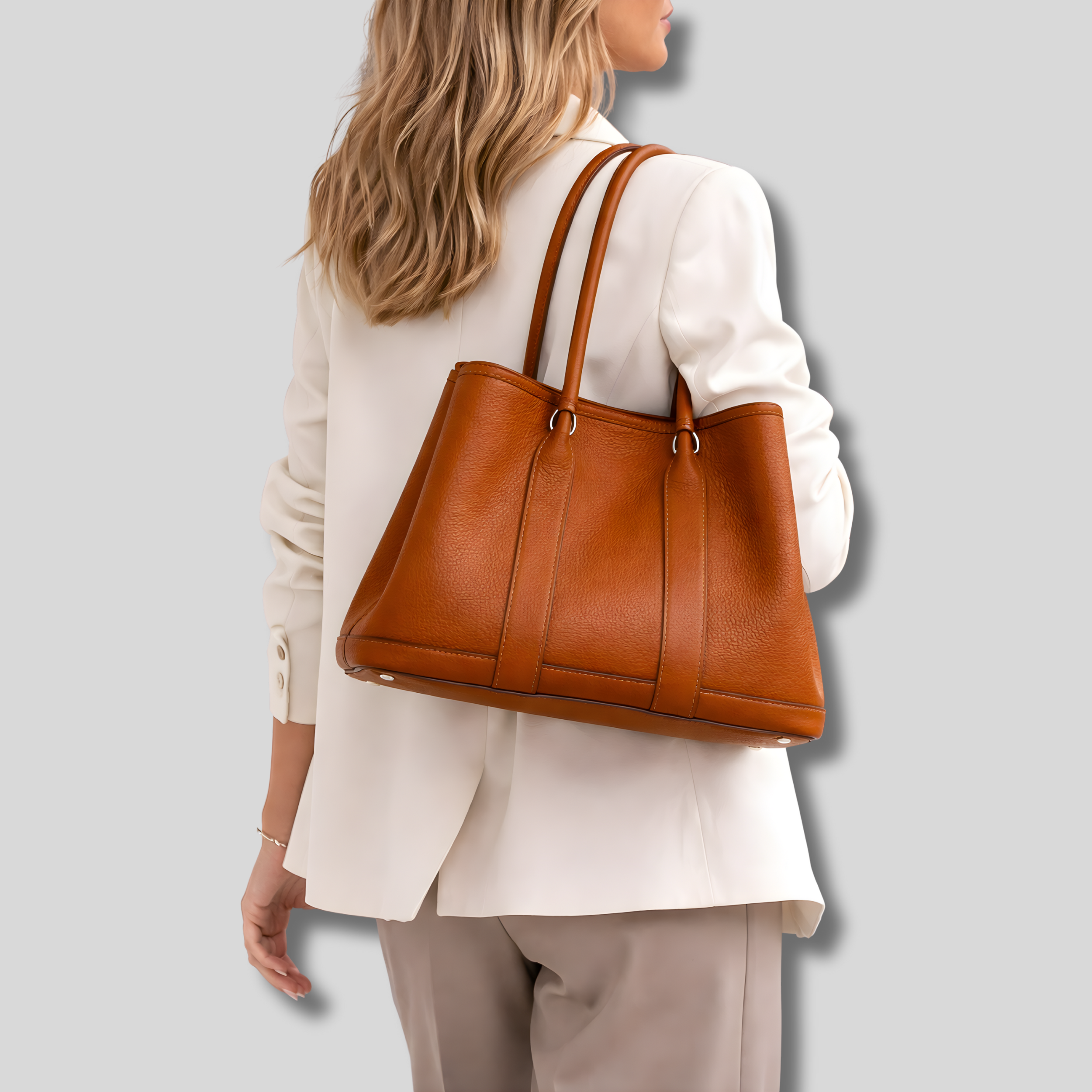 Sac cabas femme marron porté à l’épaule par un modèle, look élégant et moderne – AlluTurne