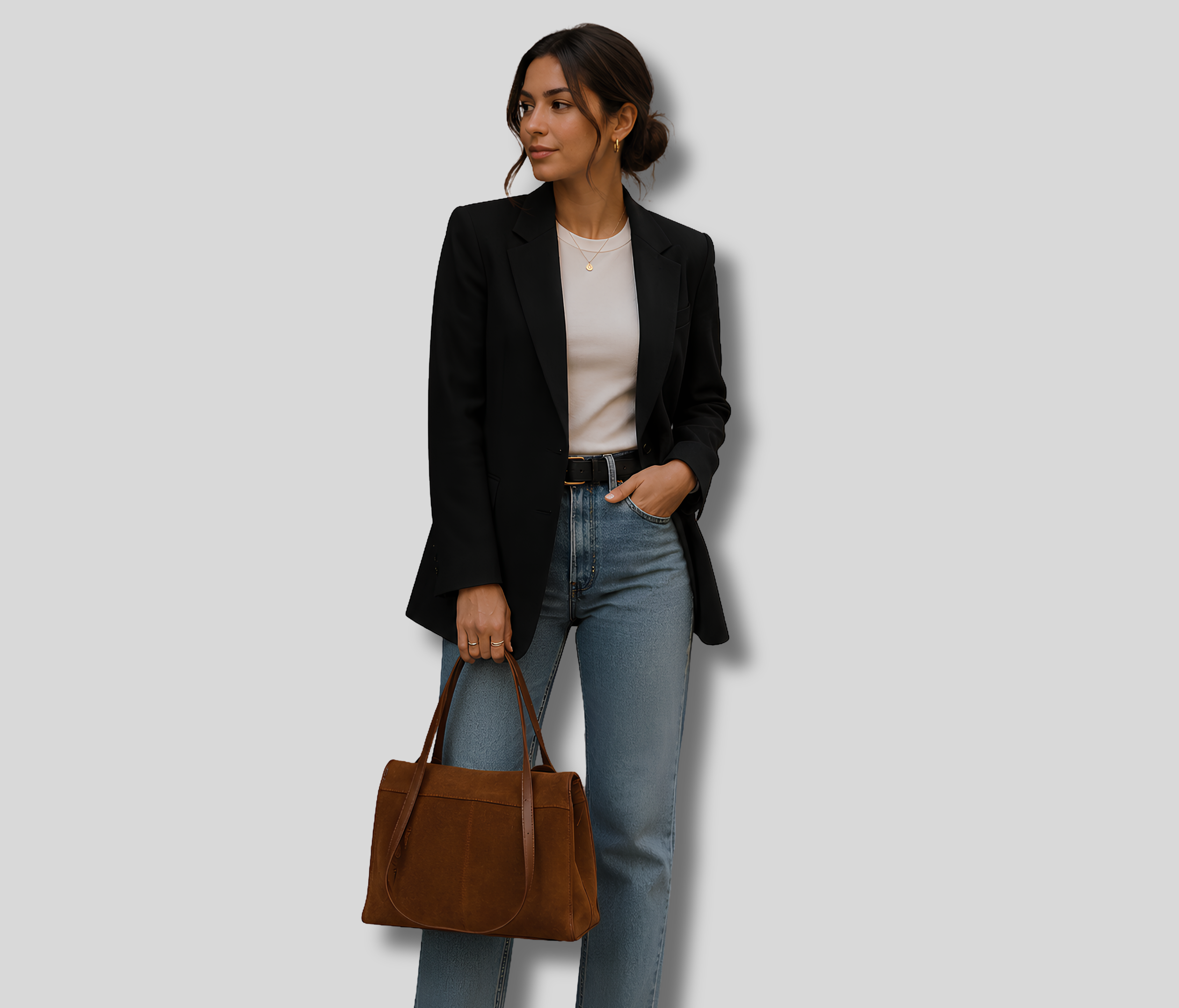 Femme portant le Sac Épaule Maëlle marron en cuir véritable effet daim