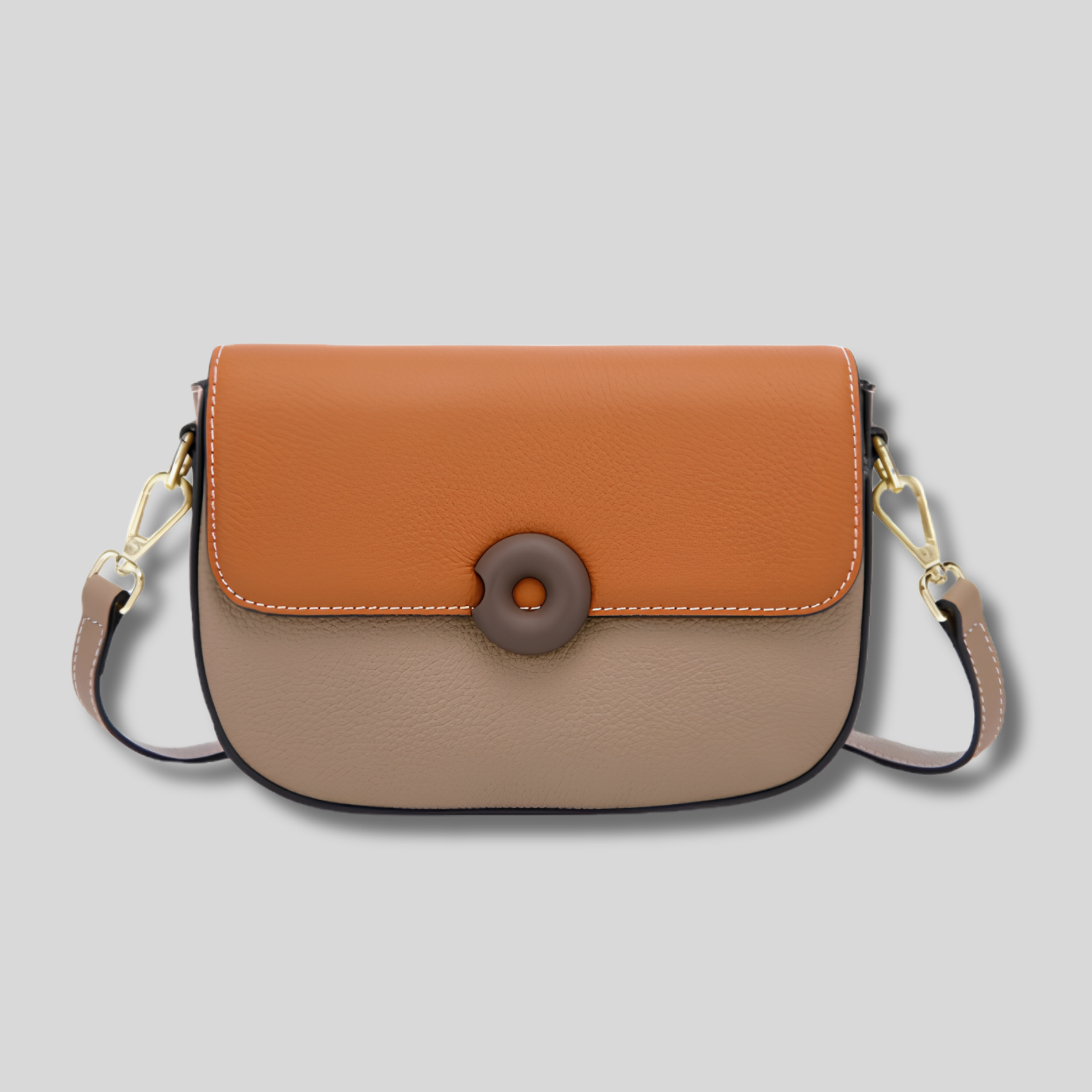 Sac bandoulière en cuir véritable bicolore beige et vert sauge – vue de face
