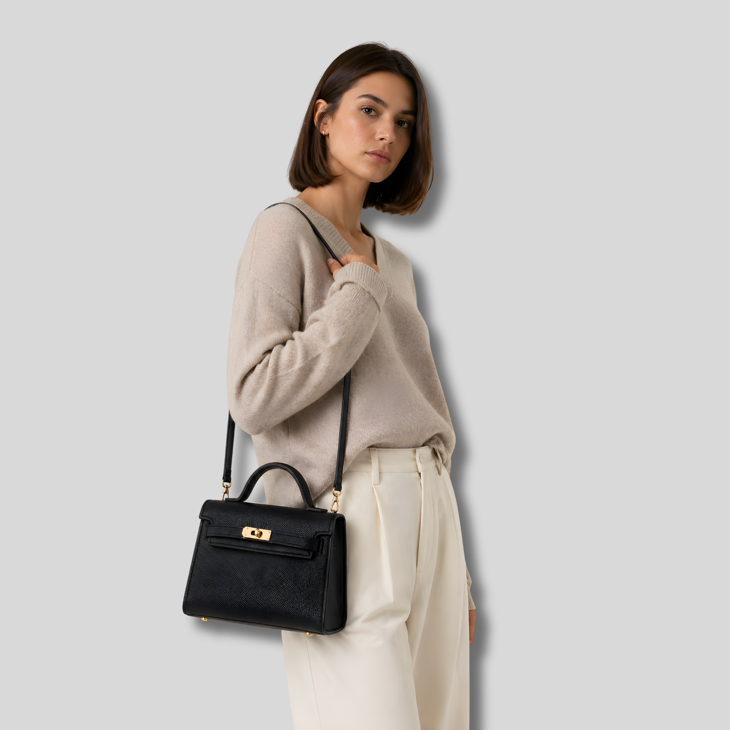 Femme portant sac bandoulière noir élégant à l’épaule avec tenue beige raffinée