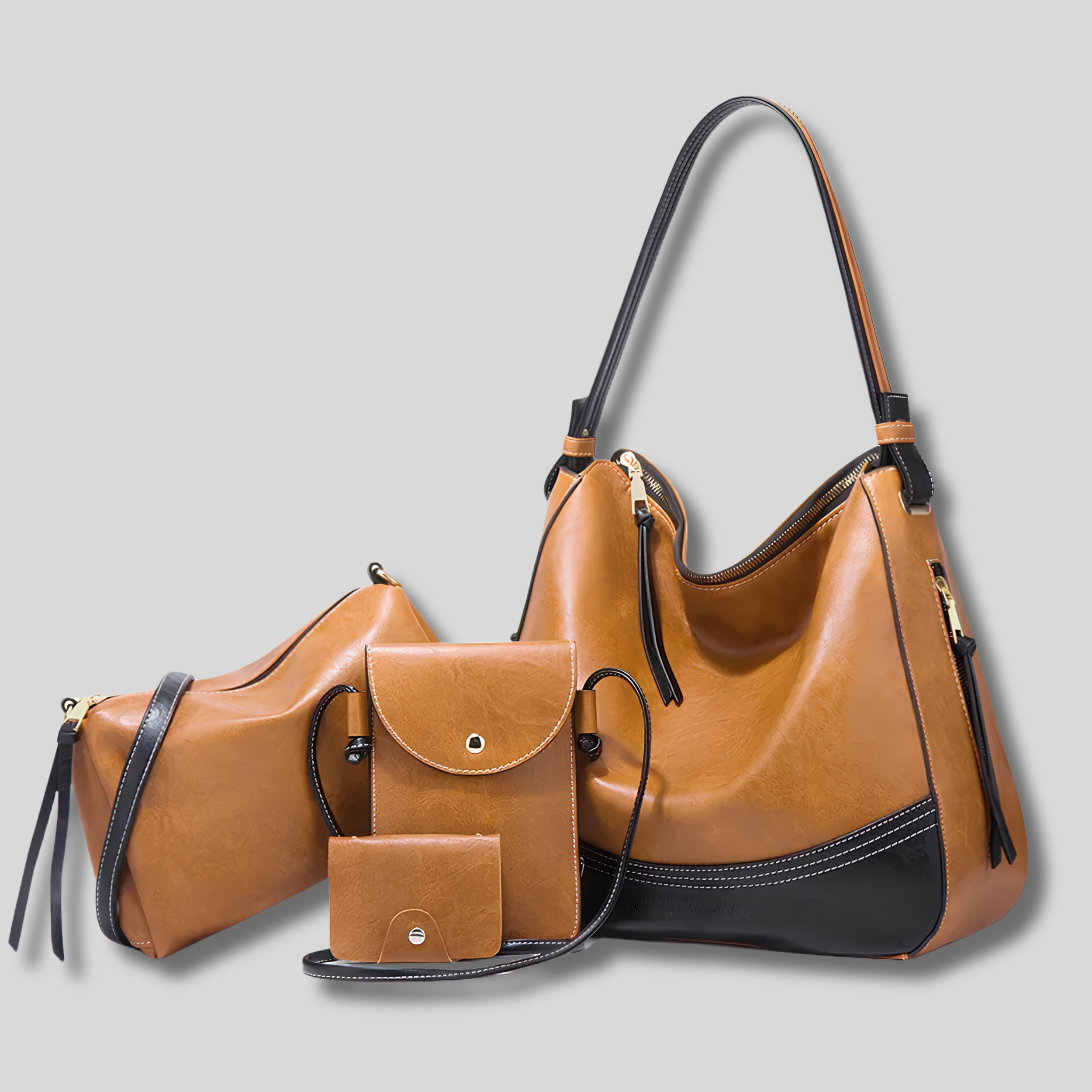 Ensemble de sacs camel et noir Maëlisse avec grand sac, pochette et mini accessoires assortis